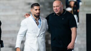 UFC lightweight fighter Ilia Topuria greets UFC president Dana White at a news conference at the Lincoln Memorial ahead of a fight on the South Lawn of the White House. (Allison Robbert/AP)