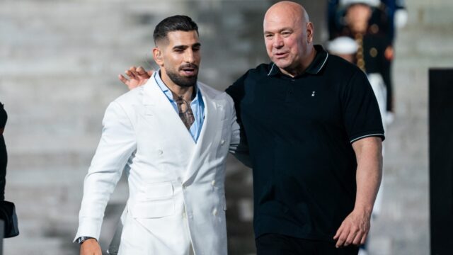 UFC-lightweight-fighter-Ilia-Topuria-greets-UFC-president-Dana-White-at-a-news-conference-at-the-Lincoln-Memorial-ahead-of-a-fight-on-the-South-Lawn-of-the-White-House