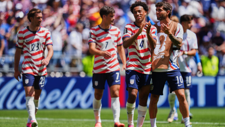 United States' Weston McKennie (8) and United States' Christian Pulisic (10) celebrate after winning the World Cup Group D soccer match against Australia in Seattle, Friday, June 19, 2026. (Manu Fernandez/AP)