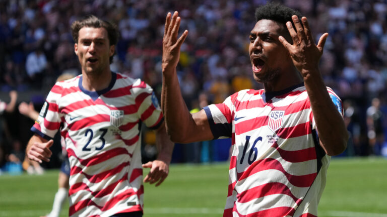United States' Joe Scally (23) and Alex Freeman (16) react after the World Cup Group D soccer match between the United States and Australia in Seattle, Friday, June 19, 2026. (Ted S. Warren/AP)
