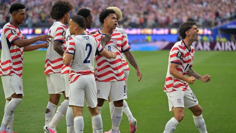 United States' Christian Pulisic, right, celebrates with teammates after an own goal by Paraguay's Damian Bobadilla during the World Cup Group D soccer match in Inglewood, Calif., near Los Angeles, Friday, June 12, 2026. (Jayne Kamin-Oncea/AP)