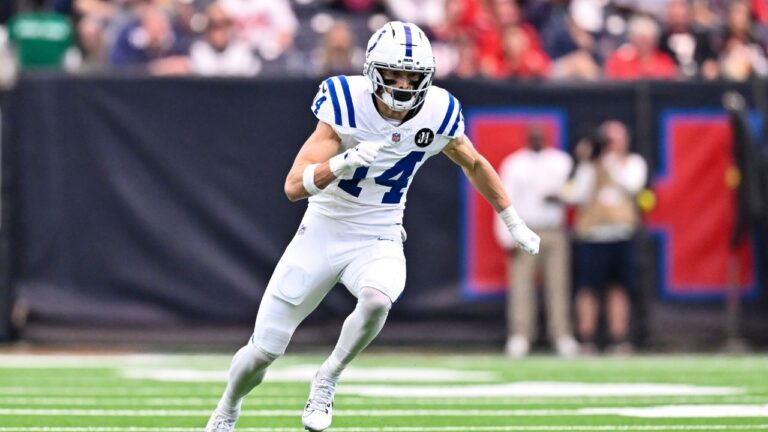 Colts wide receiver Alec Pierce runs a route against the Texans during an NFL game, Sunday, January 4, 2026, in Houston. (Maria Lysaker/AP)