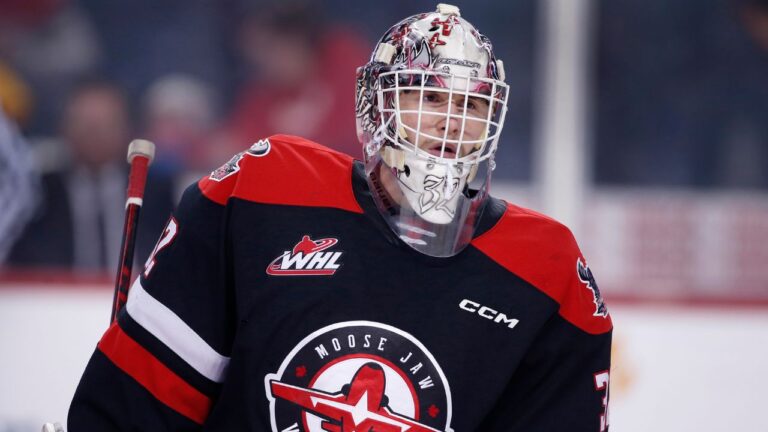 Profile photo on Moose Jaw Warriors goalie Connor Ungar during WHL (Western Hockey League) hockey action against the Calgary Hitmen in Calgary, Alta., on Feb. 5, 2023. THE CANADIAN PRESS IMAGES/Larry MacDougal