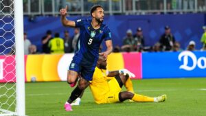Brazil's Matheus Cunha (9) celebrates after scoring his side's opening goal during the World Cup Group C soccer match between Brazil and Haiti in Philadelphia, Friday, June 19, 2026. (AP Photo/Petr David Josek)
