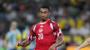 Tunisia's Yan Valery (20) controls the ball during the World Cup Group F soccer match between Sweden and Tunisia in Guadalupe, near Monterrey, Mexico, Sunday, June 14, 2026. (AP Photo/Moises Castillo)