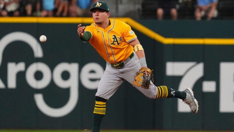 Athletics second base Luis Urías fields a double play during a baseball game against the Texas Rangers, Tuesday, July 22, 2025, in Arlington, Texas. (AP Photo/LM Otero)