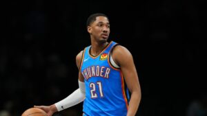 Oklahoma City Thunder's Aaron Wiggins (21) during the second half of an NBA basketball game against the Brooklyn Nets Wednesday, March 18, 2026, in New York. (AP Photo/Frank Franklin II)