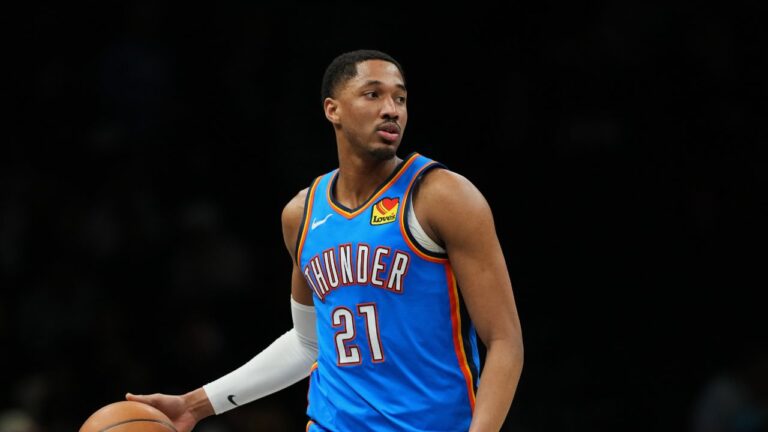Oklahoma City Thunder's Aaron Wiggins (21) during the second half of an NBA basketball game against the Brooklyn Nets Wednesday, March 18, 2026, in New York. (AP Photo/Frank Franklin II)