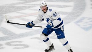 Tampa Bay Lightning defenseman Darren Raddysh (43) looks on against the San Jose Sharks during the second period of an NHL hockey game Saturday, Jan. 3, 2026, in San Jose, Calif. (AP Photo/Thien-An Truong)