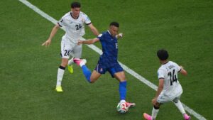 France's Kylian Mbappe attempts a shot on goal during the World Cup Group I soccer match between France and Iraq in Philadelphia, Monday, June 22, 2026. (AP Photo/Matt Rourke)