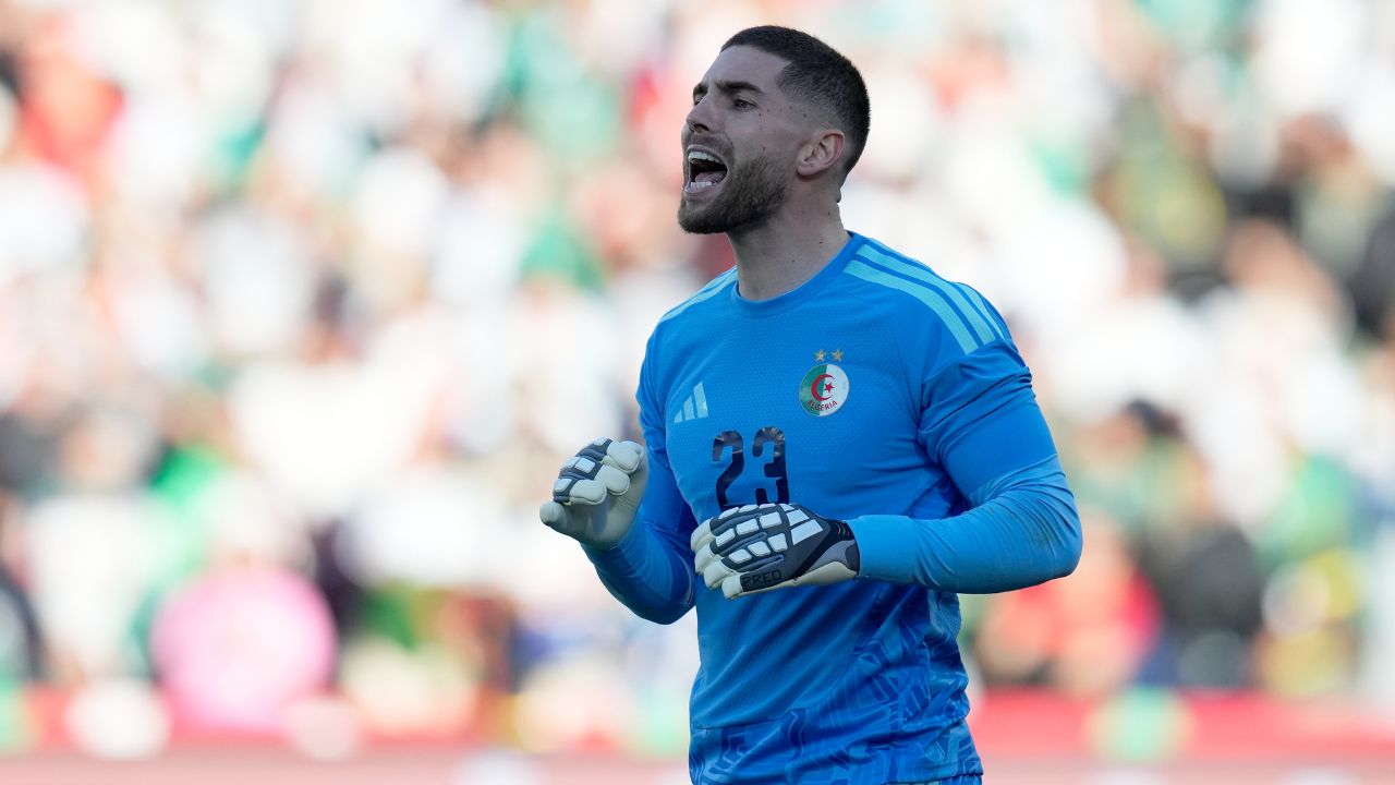 Algeria's goalkeeper Luca Zidane gives directions to his players during the Africa Cup of Nations quarterfinal soccer match between Nigeria and Algeria, in Marrakech, Morocco, Saturday, Jan. 10, 2026. (AP Photo/Themba Hadebe)