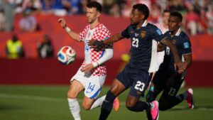 Panama's Amir Murillo (23) and Croatia's Ivan Perisic (14) compete for the ball during the World Cup Group L soccer match between Panama and Croatia in Toronto, Tuesday, June 23, 2026. (AP Photo/Stephanie Scarbrough)