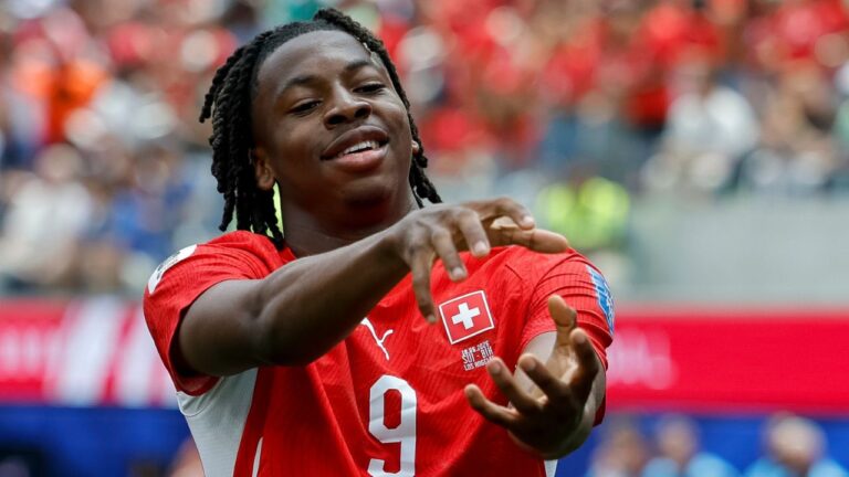 Switzerland's Johan Manzambi celebrates after scoring the opening goal against Bosnia during the World Cup Group B soccer match in Inglewood, Calif., near Los Angeles, Thursday, June 18, 2026. (Peter Klaunzer/Keystone via AP)