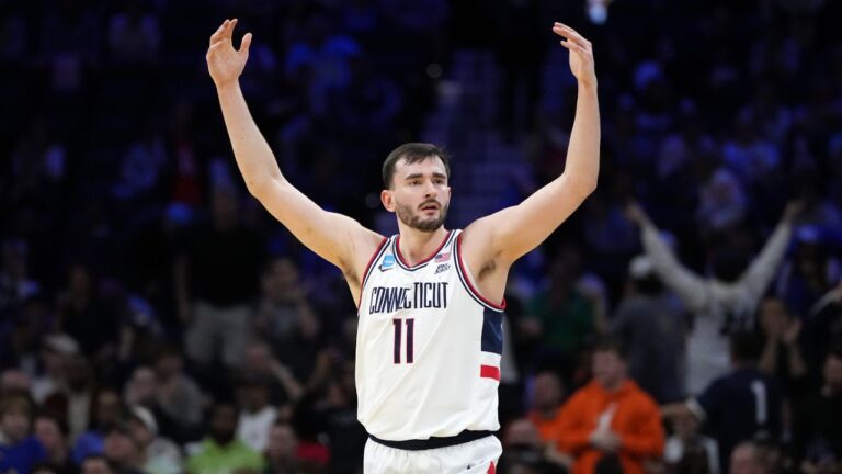 UConn's Alex Karaban reacts during the second half against UCLA in the second round of the NCAA college basketball tournament, Sunday, March 22, 2026, in Philadelphia. (AP Photo/Matt Slocum)