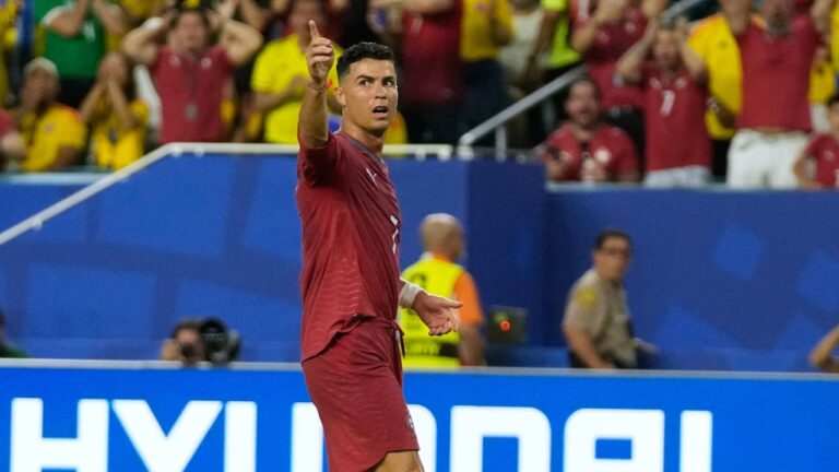 Portugal's Cristiano Ronaldo (7) reacts after missing a chance during the World Cup Group K soccer match between Colombia and Portugal in Miami Gardens, Fla., Saturday, June 27, 2026. (AP Photo/Lynne Sladky)