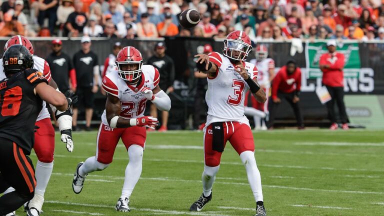 Calgary Stampeders quarterback Vernon Adams Jr. (3) drops back and passes against the B.C. Lions during first half CFL football action in Kelowna, B.C., on Saturday, June 27, 2026. THE CANADIAN PRESS/Steve Dunsmoor