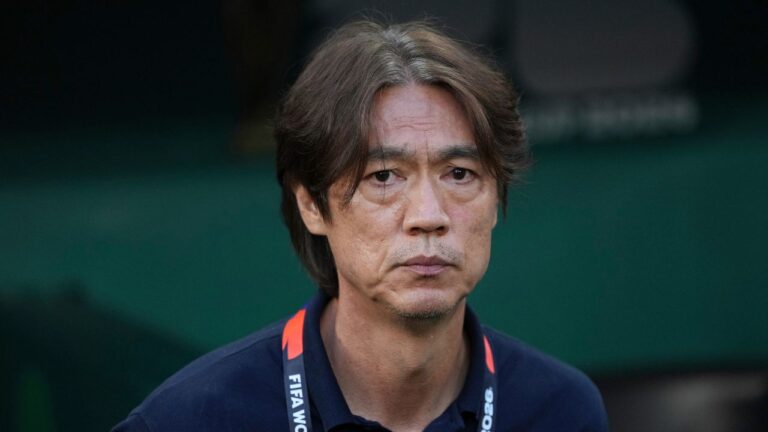 South Korea head coach Hong Myung-bo looks on ahead the World Cup Group A soccer match between South Africa and South Korea in Guadalupe, near Monterrey, Mexico, Wednesday, June 24, 2026. (AP Photo/Moises Castillo)