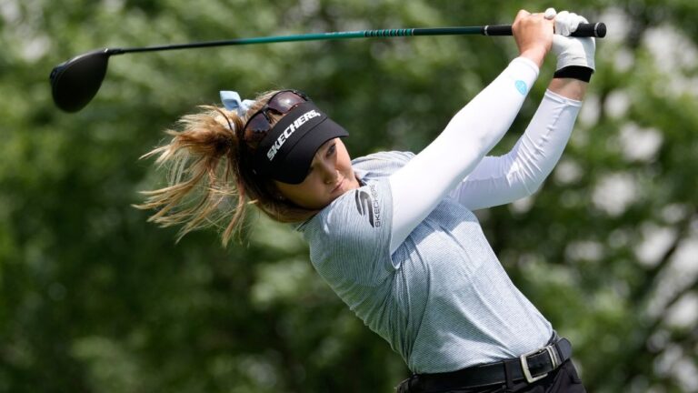 Brooke Henderson, of Canada, hits on the third hole during the final round of the Women's PGA Championship golf tournament at Hazeltine National Golf Club, Sunday, June 28, 2026, in Chaska, Minn. (AP Photo/Chris Carlson)