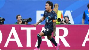 Paraguay's Gustavo Gomez (15) celebrates a penalty goal during the World Cup round of 32 soccer match between Germany and Paraguay in Foxborough, Mass., near Boston, Monday, June 29, 2026. (AP Photo/Martin Meissner)