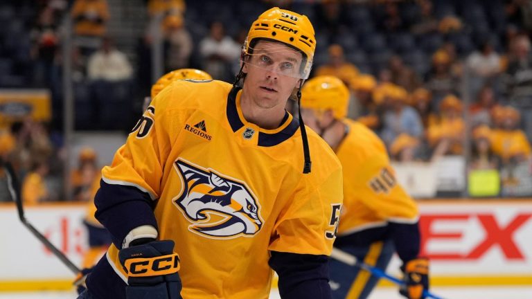 Nashville Predators left wing Erik Haula (56) warms up before an NHL hockey game against the Anaheim Ducks, Thursday, April 16, 2026, in Nashville, Tenn. (AP Photo/George Walker IV)