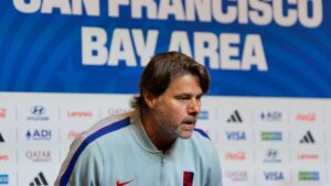 United States head coach Mauricio Pochettino attends a news conference ahead of the World Cup Round of 32 soccer match against Bosnia and Herzegovina, Tuesday, June 30, 2026, in Santa Clara, Calif. (AP Photo/Eugene Hoshiko)