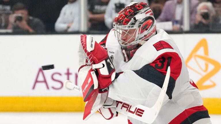 Carolina Hurricanes goaltender Frederik Andersen stops a shot during the second period in Game 3 of the NHL hockey Stanley Cup Final series against the Vegas Golden Knights, Saturday, June 6, 2026, in Las Vegas. (AP Photo/John Locher)