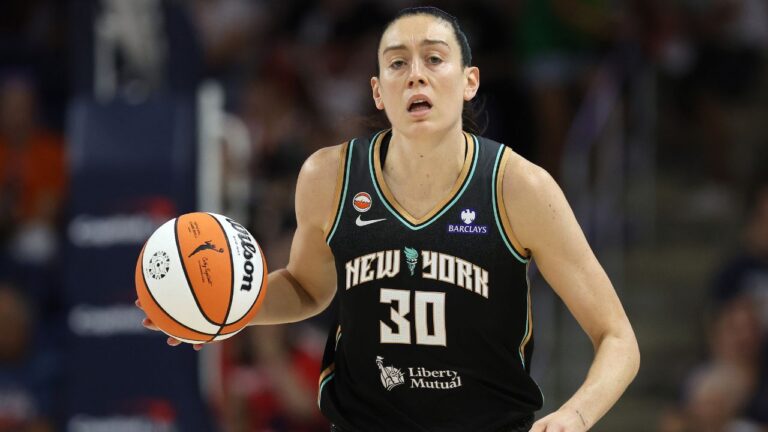 New York Liberty forward Breanna Stewart (30) dribbles the ball during the first half of a WNBA basketball game against the Washington Mystics, Sunday, May 10, 2026, in Washington. (AP Photo/Daniel Kucin Jr.)