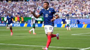 France's Kylian Mbappe celebrates after scoring the opening goal during the match between France and Senegal in East Rutherford, N.J., near New York, Tuesday, June 16, 2026. (Frank Franklin II/AP)