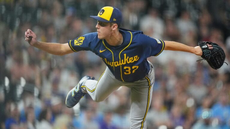 Milwaukee Brewers starting pitcher Jacob Misiorowski works against the Colorado Rockies in the seventh inning of a baseball game Saturday, June 6, 2026, in Denver. (AP Photo/David Zalubowski)