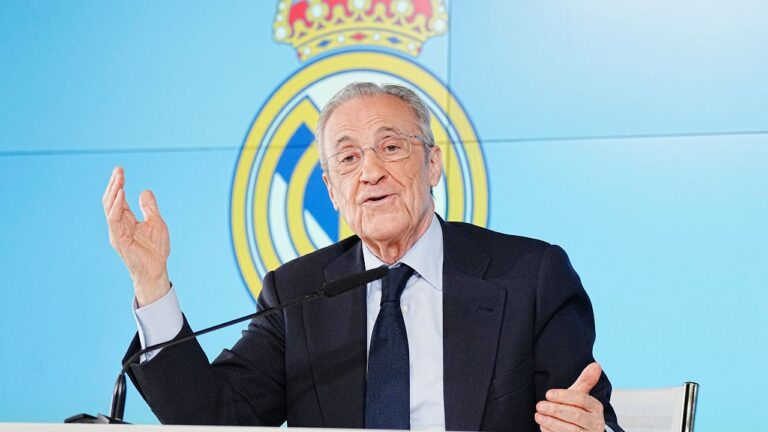 Real Madrid president Florentino Perez gives a press conference in Madrid, Tuesday, May 12, 2026. (AP Photo/Bernat Armangue)