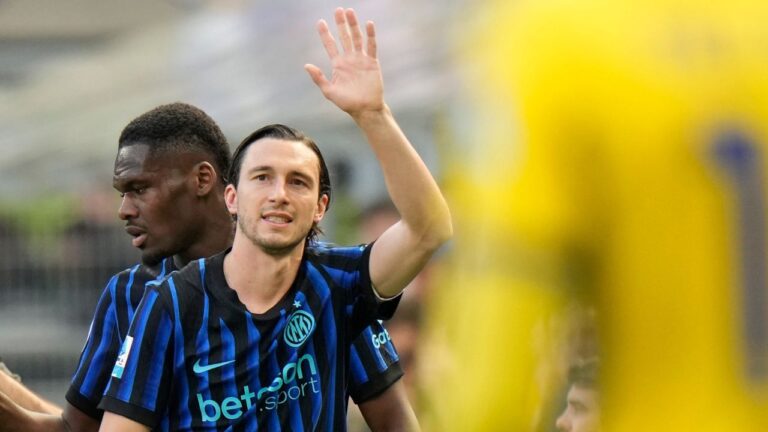 Inter Milan's Matteo Darmian waves to supporters during a Serie A match in Milan, Italy, on Sunday, May 17, 2026. (Luca Bruno/AP)