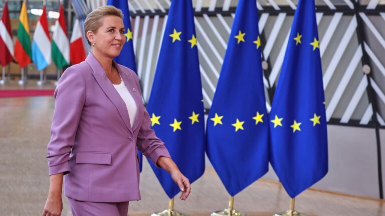 Denmark's Prime Minister Mette Frederiksen arrives for the EU summit in Brussels, on Thursday, June 18, 2026. (Omar Havana/AP)