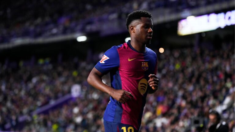 Ansu Fati during a Spanish La Liga soccer match at the Jose Zorrilla stadium in Valladolid, Spain, on May 3, 2025. (Manu Fernandez/AP)