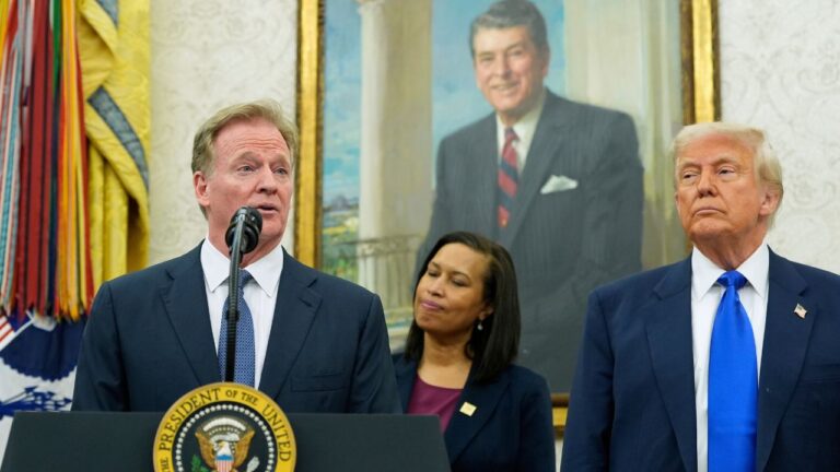 From left to right, NFL Commissioner Roger Goodell, speaks as District of Columbia Mayor Muriel Bowser and President Donald Trump listen during an event to announce that the 2027 NFL Draft will be held on the National Mall, in the Oval Office of the White House, in Washington (Alex Brandon/AP)