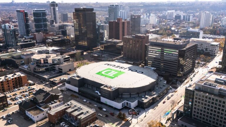 An aerial view of TD Coliseum, the revamped arena project by Oak View Group in downtown Hamilton, Ont., on Wednesday, Nov. 19, 2025. (Nick Iwanyshyn/CP)