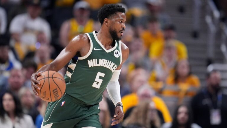 Malik Beasley during the Bucks' first round NBA playoff series against the Indiana Pacers on Sunday, April 28, 2024, in Indianapolis. (Michael Conroy/AP)