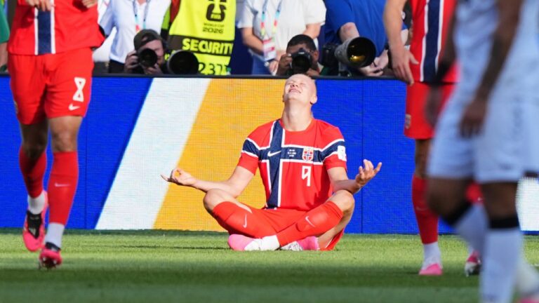 Norway's Erling Haaland celebrates scoring during the World Cup match between Iraq and Norway in Foxborough, Mass., near Boston, Tuesday, June 16, 2026. (Martin Meissner/AP)