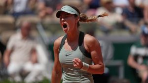 Russia's Anna Kalinskaya reacts during the fourth-round tennis match against Austria's Anastasia Potapova at the French Open in Paris, Monday, June 1, 2026. (Thibault Camus/AP)