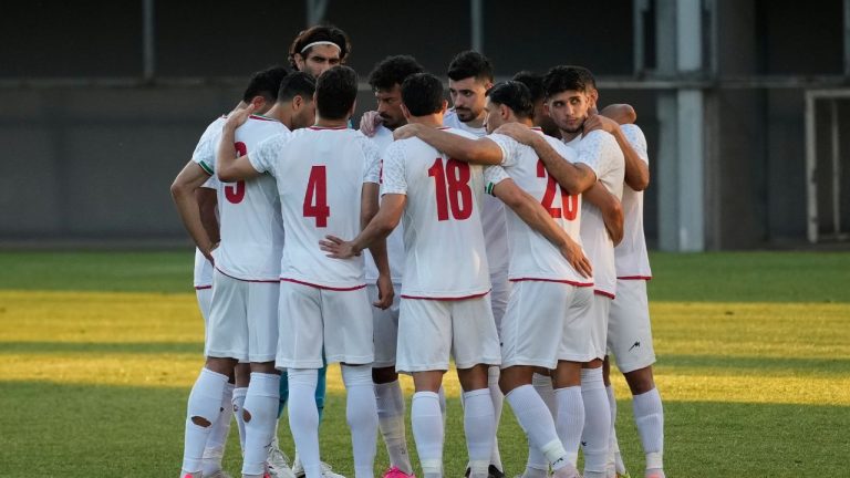 Iran's players gather at the pitch during a friendly soccer match between Iran and Gambia, in Antalya, southern Turkey, Friday, May 29, 2026. (Khalil Hamra/AP)