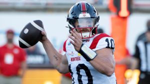 Montreal Alouettes quarterback Davis Alexander throws the ball during first half CFL preseason football action against the Ottawa Redblacks in Montreal, Friday, May 22, 2026. (Peter McCabe/CP)