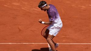 Italy's Flavio Cobolli reacts during the fourth-round tennis match against Zachary Svajda of the United States at the French Open in Paris, Monday, June 1, 2026. (Christophe Ena/AP)