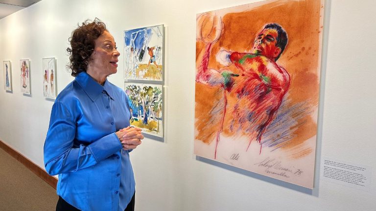 Lonnie Ali, widow of boxing legend Muhammad Ali, talks about a 1975 painting of him at the Muhammad Ali Center in Louisville, Ky., on Thursday, Jan. 8, 2026. (Dylan Lovan/AP)