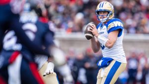 Winnipeg Blue Bombers quarterback Zach Collaros looks to throw the ball during second half Eastern semi-final action against the Montreal Alouettes, in Montreal on Saturday, Nov. 1, 2025. (Christopher Katsarov/CP)