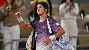 Brazil's Joao Fonseca walks off the court the quarterfinal tennis match against Czech Republic's Jakub Mensik at the French Open in Paris, Tuesday, June 2, 2026. (Emma Da Silva/AP)