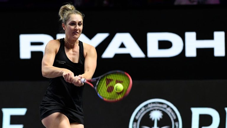 Canada's Gabriela Dabrowski, shoots the ball during her women's doubles semi final match against Nicole Melichar-Martinez of the U.S. and Australia's Ellen Perez at King Saud University Indoor Arena, in Riyadh, Saudi Arabia, Friday, Nov. 8, 2024. (AP)