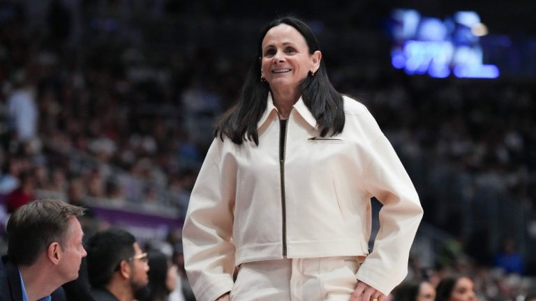 Toronto Tempo head coach Sandy Brondello watches her team during WNBA basketball action against the Washington Mystics in Toronto on Friday, May 8, 2026. (Chris Young/CP)