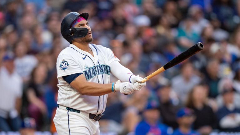 Seattle Mariners' Josh Naylor watches his solo home run during the seventh inning of a baseball game against the New York Mets, Monday, June 1, 2026, in Seattle. (Stephen Brashear/AP)