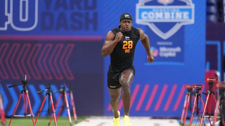 Kentucky wide receiver Kendrick Law runs the 40-yard dash at the NFL football scouting combine in Indianapolis, Saturday, Feb. 28, 2026. (Michael Conroy/AP)