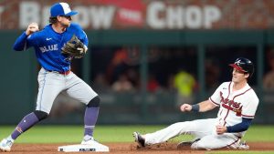 Toronto Blue Jays second baseman Ernie Clement makes the tag on Atlanta Braves' Mike Yastrzemski in the sixth inning of a baseball game, Wednesday, June 3, 2026, in Atlanta. (Mike Stewart/AP)