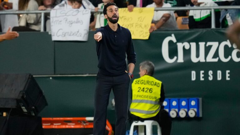 Real Madrid's head coach Alvaro Arbeloa reacts during a La Liga soccer match between Real Betis and Real Madrid in Seville, Spain, Friday, April 24, 2026. (Jose Breton/AP)